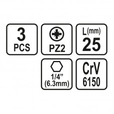 65471 STHOR Set 3 biti pozidrive PZ2, prindere hex..